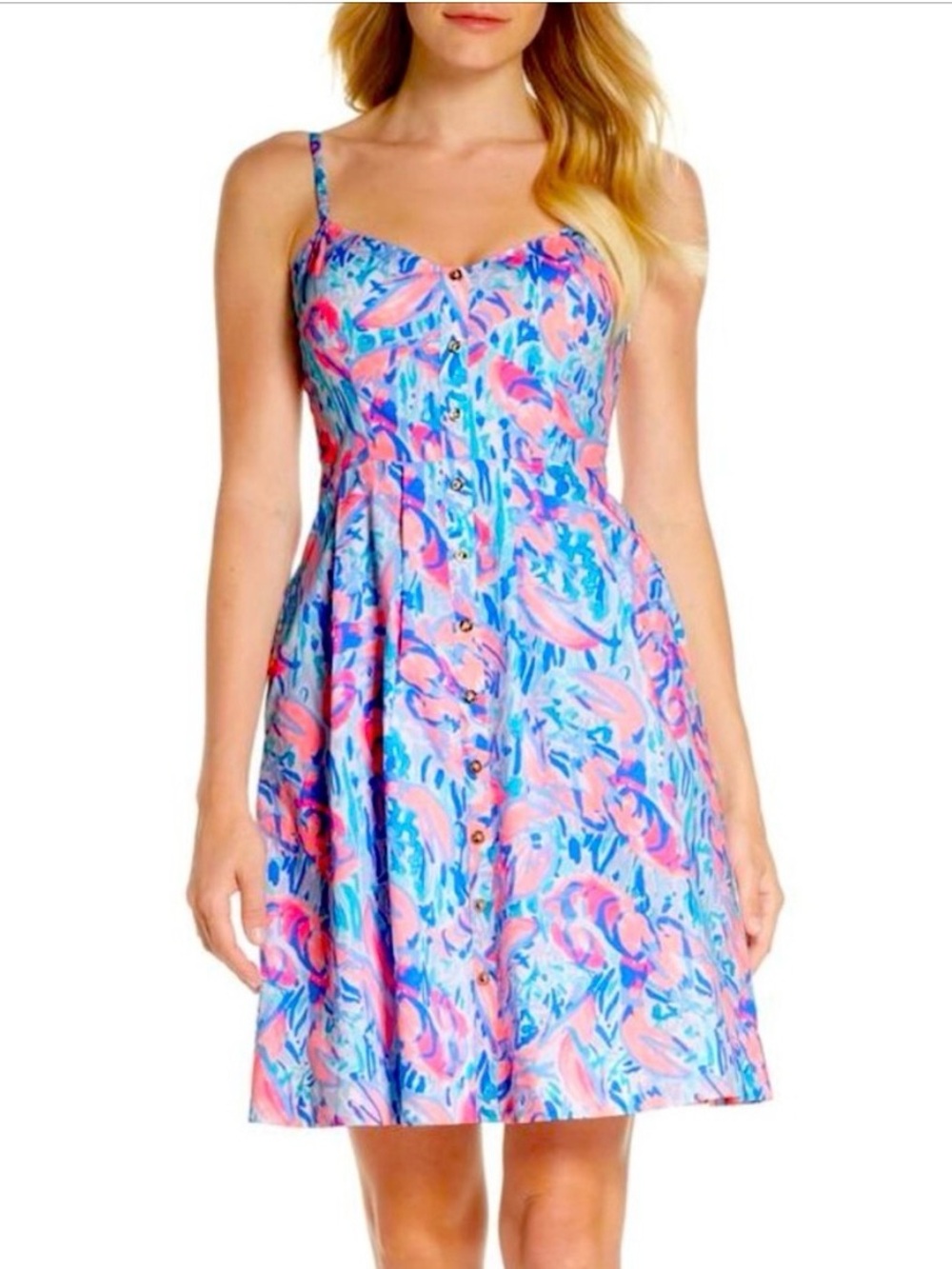 Lilly Pulitzer Easton Cosmic Coral Pink and Blue Floral Button-Front Mini Dress